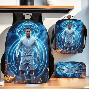 Epic Soccer Star 3-Piece Backpack Set, Blue Neon Team Crest & No.7 Player Print School Bag + Lunch Bag + Pencil Case, Oxford Cloth Adjustable Strap Daypack for Football Fans