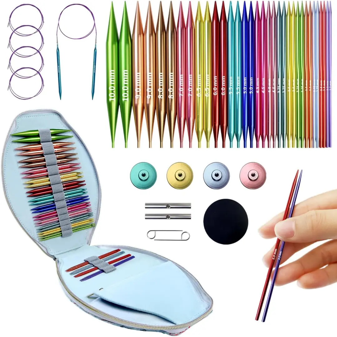 Multicolored Interchangeable Circular Knitting Needles Set - 17 Sizes (2.2~10.0mm) Aluminum Needles with 4 Cables and Storage Bag