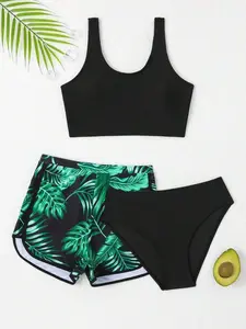 Teen Girls' Tropical Print Bikini Set With Beach Shorts, Trendy Summer Holiday Swimwear