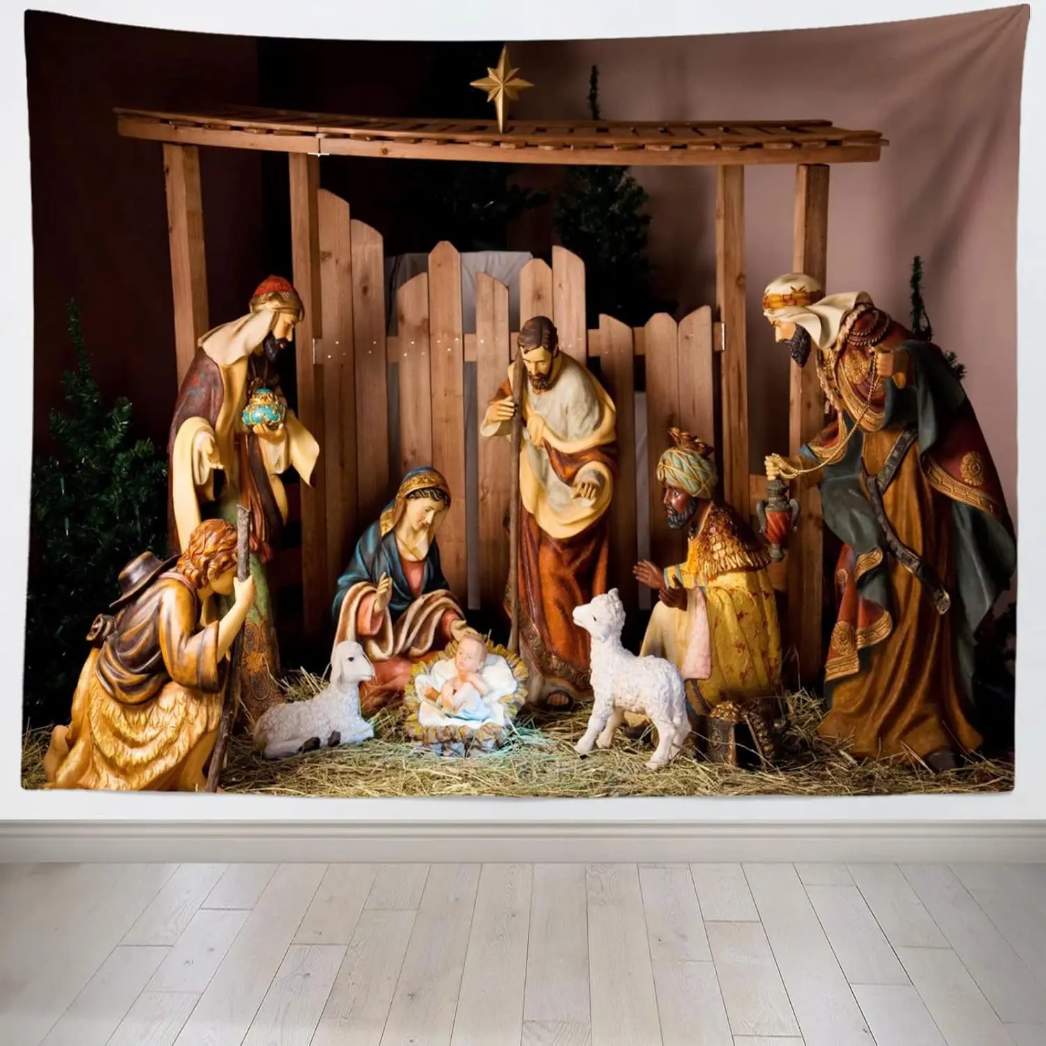 Chritmas Nativity Scene Tapestry Christmas Holy Night Manger Scene Tapestry Wall Hanging Christian Religious Merry Xmas Party Decor for Church Bedroom Living Room Dorm Home Decor