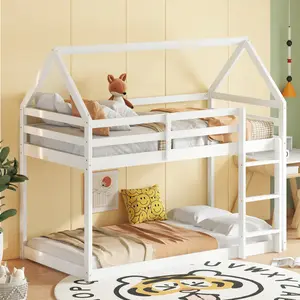 【Bellemave】Twin over Twin Rubber Wood Floor Bunk Bed, with ladder,Guardrails,House-Shaped-Bunk Bed,White