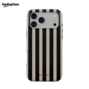 DarlingCase Glossy Silicone Phone Case for iPhone 17/16/15/14/13/12 Pro Max - Black Beige Vertical Stripe, Minimalist Old Money Preppy Aesthetic, Protective Smartphone Accessory for Women - Cellphone/Handheld Devices Cover Gift