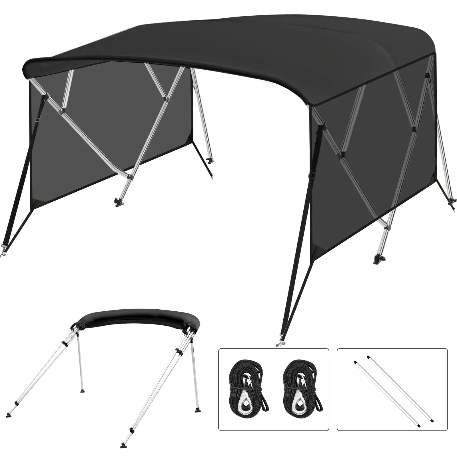 Garvee Waterproof 4 Bow Bimini Top for Boats – 8'L x 54" H x 73"-78" W Marine-Grade Sun Shade, Removable Zippered Translucent Side Curtains, PU-Coated 600D Canvas, 1" Aluminum Frame, Adjustable Straps