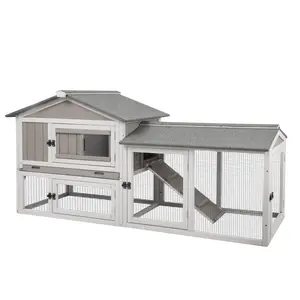 Petscosset 57" L Rabbit Hutch Indoor and Outdoor 2-Story Rabbit Cage with Pull Out Tray,Fir Wood Guinea Pig Cages with Wooden Ramp,Waterproof Bunny Cage Indoor Bunny Hutch with Waterproof Roof,Grey