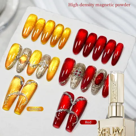 XEIJAYI 2pcs 15ml 【TPO&HEMA Free】 Fortune & Ruby Cat Eye Gel Nail Polish Set, Magnetic Shimmer Gel in Gold and Red Tones with Reflective Cat Eye Effect, Glossy Finish, Smooth Application, Soak Off Gel for DIY Manicure & Nail Art Design