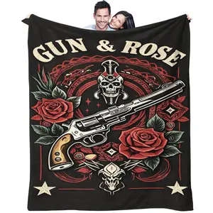 Gun And Rose Pattern, Soft, Warm And Lightweight Plush Blanket, Suitable For Bed, Sofa, Car, Room Decoration, Suitable As a Moving And Valentine's Day Gift