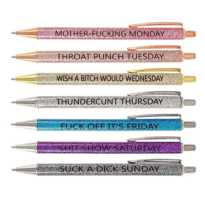 Letter Pattern Glitter Ballpoint Pen Set, 7 Counts/set Fun Monday to Sunday Pen Set, Office Supplies, Funny Gift for Classmate