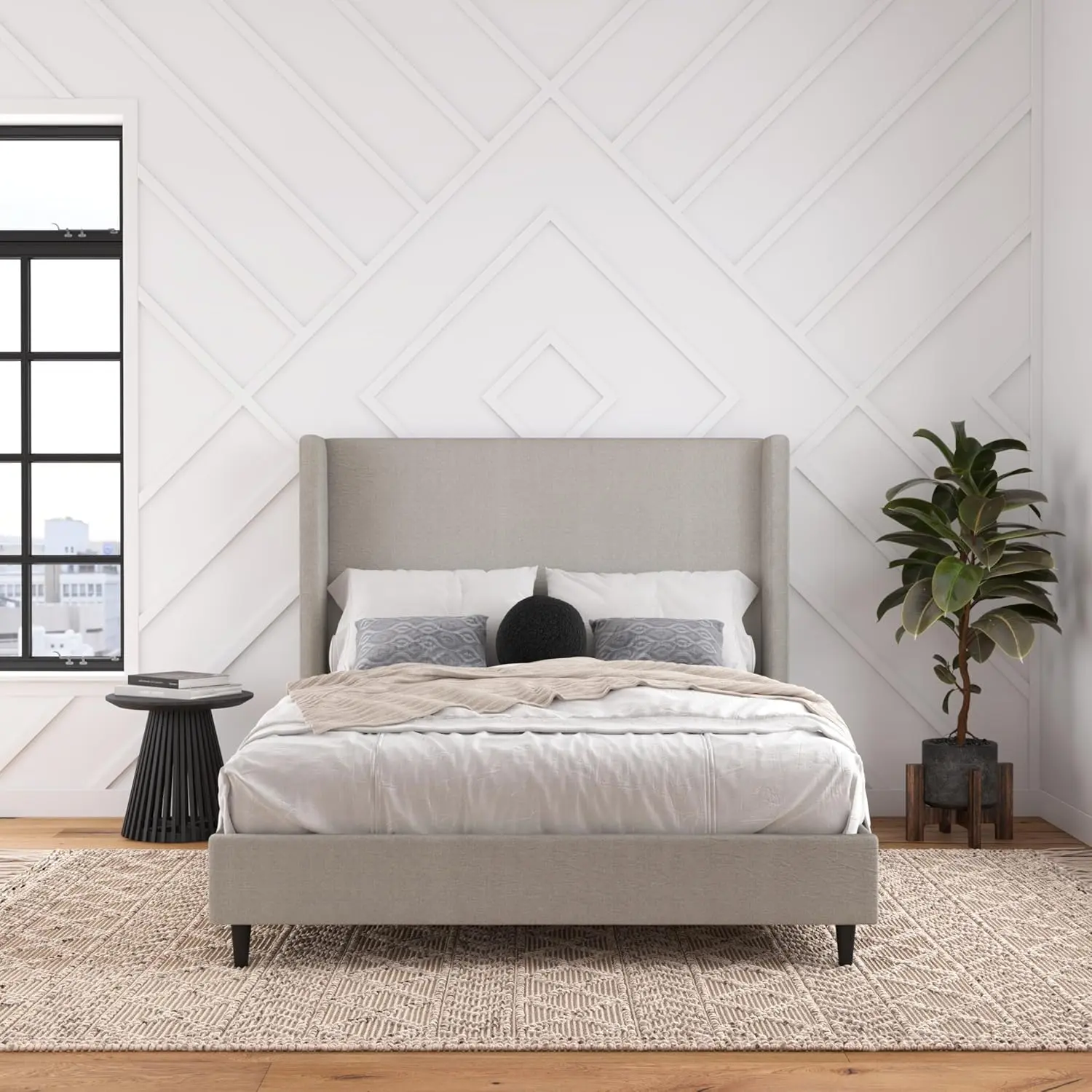 【TikTokShopBlackFriday】EBELLO Upholstered Platform Bed Frame - Queen in Textured Gray Canvas