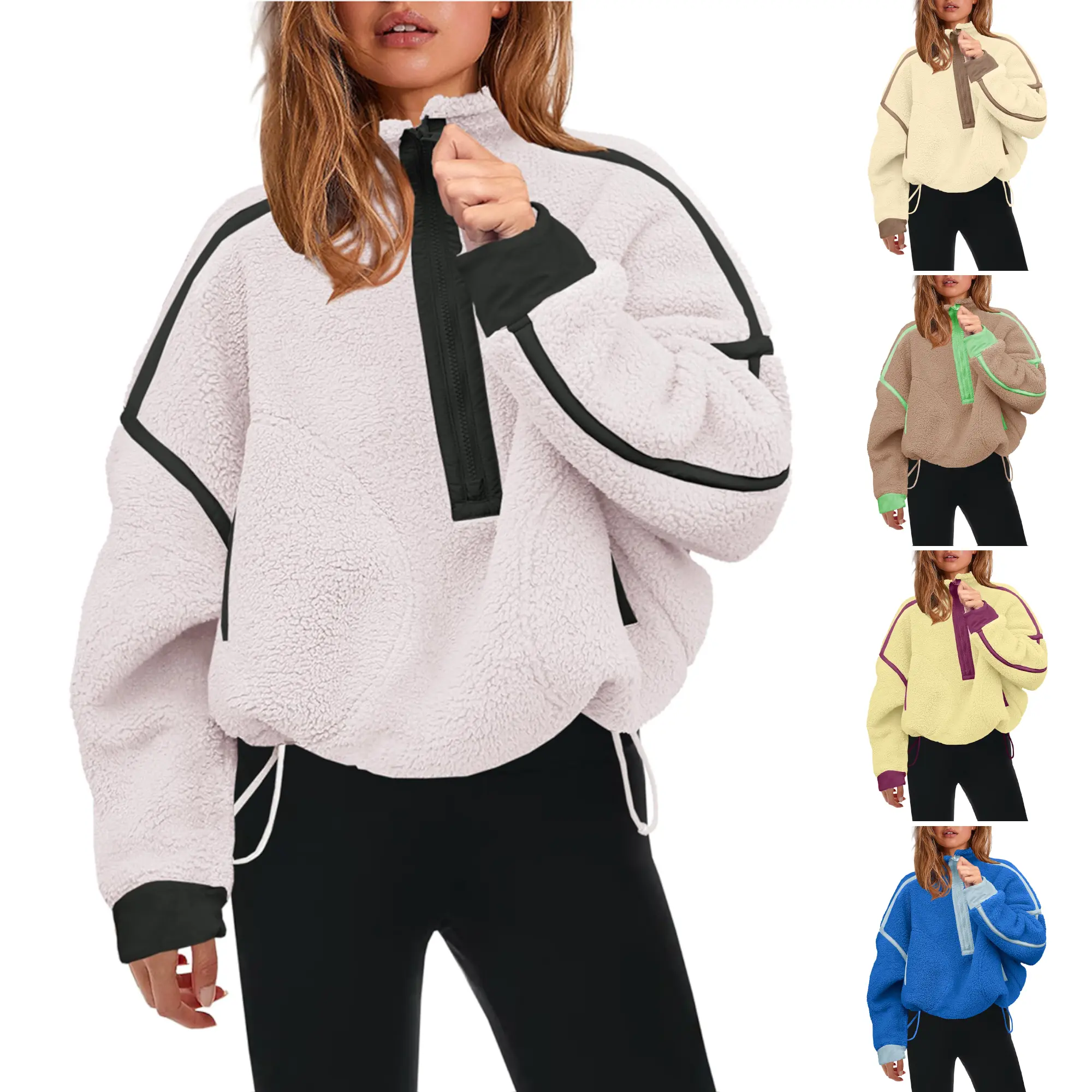 Tanming Women's Oversized Half-Zip Sherpa Fleece Pullover, Casual Long Sleeve Collared Athletic Top with Pockets, Polyester