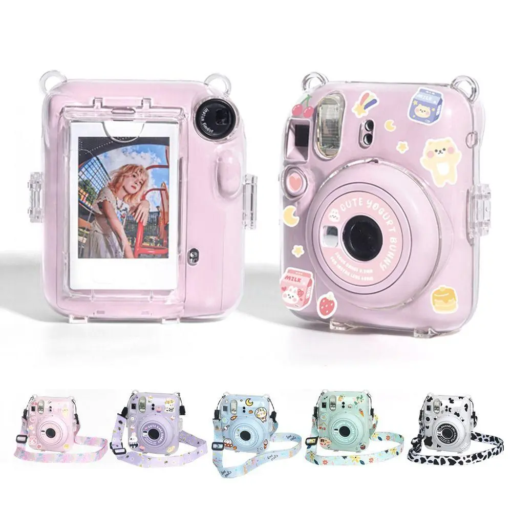 Custom Transparent Cartoon Print PC Plastic Protective Case for Fujifilm Instax Mini 12 Instant Camera, Handheld Colorful Carry Bag with Detachable Shoulder Strap, Photo Holder Accessories for Women, Cute Sticker