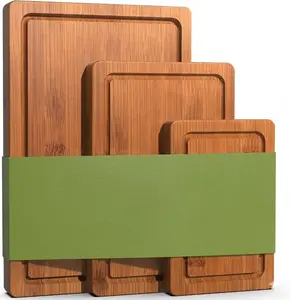 3-Piece Set Bamboo Cutting Board for Kitchen - Crack-Resistant Wood Chopping Boards with Deep Juice Grooves, Pre-Oiled Butcher Block for Meat, Vegetables & Cheese, Carbonized