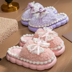 Women's winter indoor home thick-soled warm-padded decorative bow plush cotton slippers