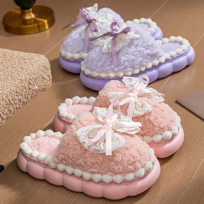Women's winter indoor home thick-soled warm-padded decorative bow plush cotton slippers Women's winter indoor home thick-soled warm-padded decorative bow plush cotton slippers