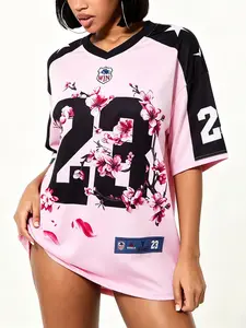 Women's Cherry Blossom 23 Pattern V-Neck Soccer Jersey, Y2K Street Style Short Sleeve Top, Summer Casual Wear