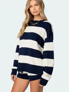 Casual Striped Long Sleeve Sweater Set Two-Piece Short, Comfortable Fitted Knitwear for Daily Wear, Stylish for Women, Perfect for Fall & Winter
