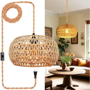 Hanging Lights with Plug in Cord Rattan Hanging Lamp Boho Ceiling Light Fixtures Farmhouse Pendant Lamp for Living Room Bedroom Kitchen