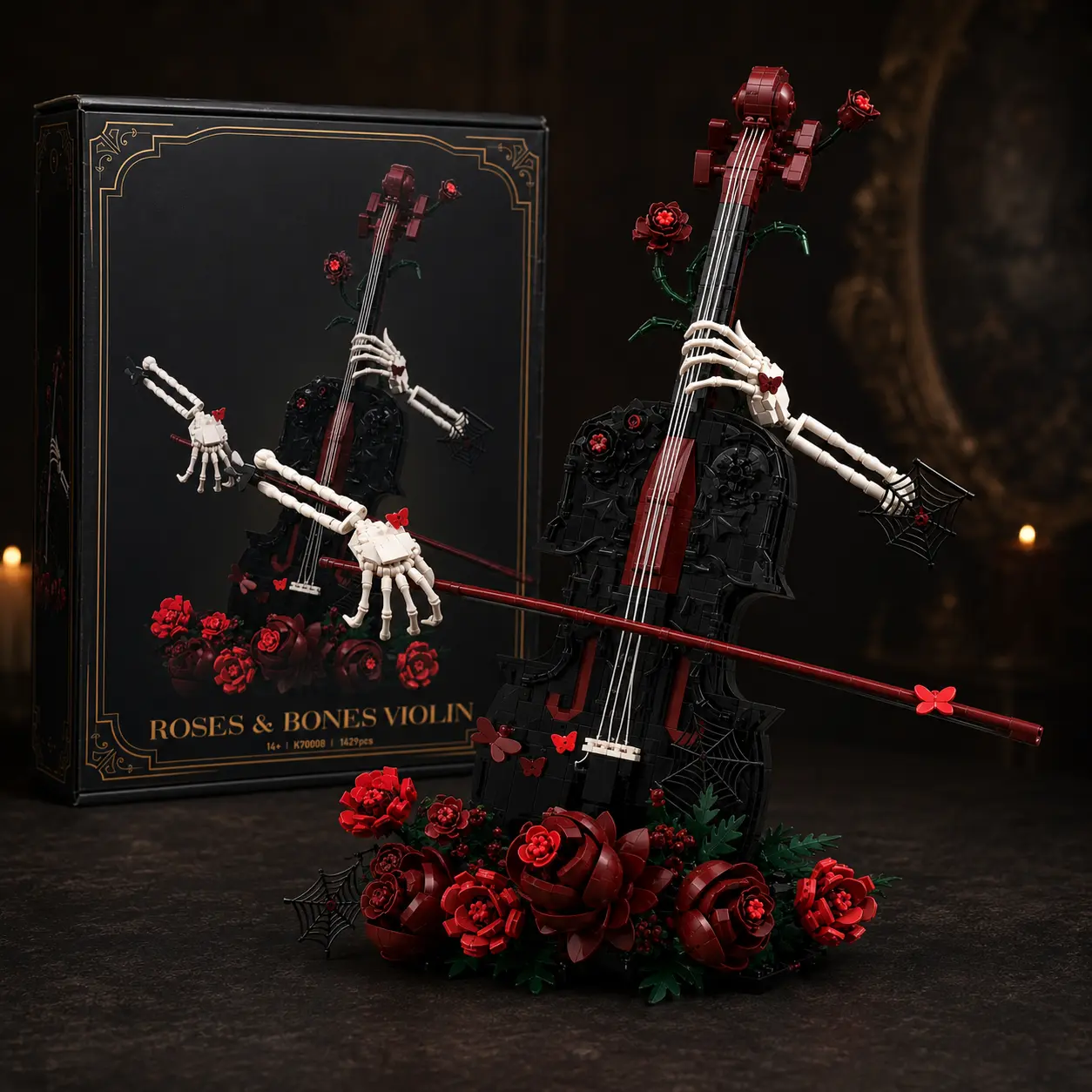 Gothic Rose & Bones Violin Building Block Set, 1429PCS Skeleton Hand Music Model Kit for Adults, Dark Academia Whimsigoth Room Decor, Halloween Collectible DIY Puzzle Gift for Music Lovers