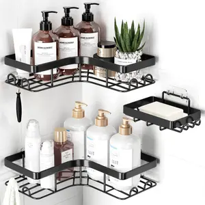 3 Pack Black L Shaped Shower Caddy Corner Shelf, Wall Mounted Bathroom Organizer with No Drill Adhesive Installation, Rustproof Metal Bathroom Shelves for Shampoo, Soap and Storage, Space Saving Shower Storage Rack Set