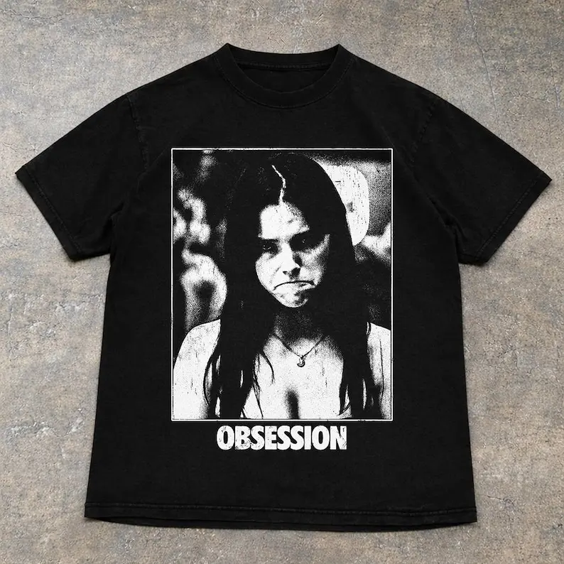 Obsession Horror Girl Shirt, Black White Creepy Photo Graphic Tee, Distressed Thriller Movie Style T-Shirt, Halloween Fan Gift
