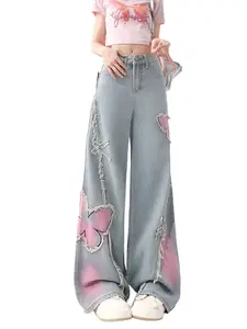 Womens Jeans Y2k Butterfly Heart Patch Wide-Leg Washed—Perfect for A Playful Cute Street Style Look Jeans for Women