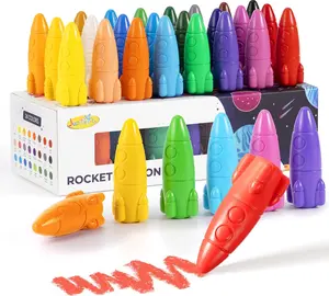 24 Colors Crayons for Toddlers, Non-Toxic Washable Rocket Crayons, Easy-to-Hold Coloring Gifts & Mess-Free Art Supplies for Little Hands