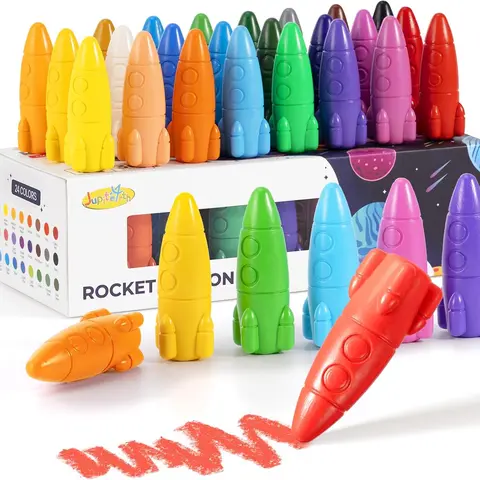 JUPITEARTH 24-Color Phthalate-Free Non-Toxic Washable Rocket-Shape Crayons - Easy-to-Hold Art Kits, Toddler-Focused Washable Crayons Painting Supply Sets, Ideal Office Creative Craft Gift
