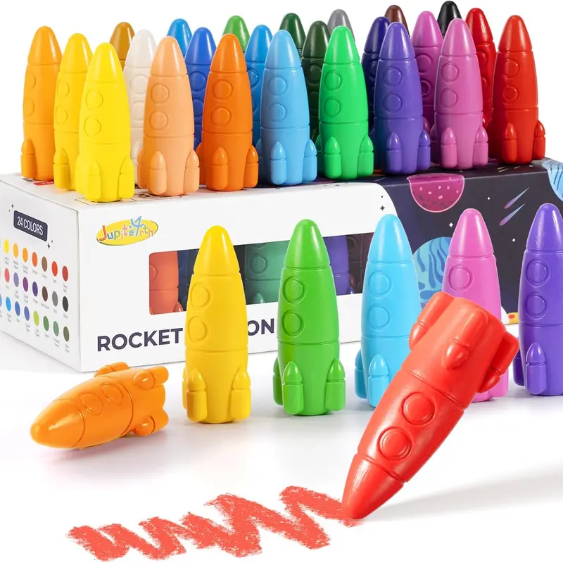 JUPITEARTH 24-Color Phthalate-Free Non-Toxic Washable Rocket-Shape Crayons - Easy-to-Hold Art Kits, Toddler-Focused Washable Crayons Painting Supply Sets, Ideal Office Creative Craft Gift