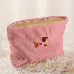 Large Capacity Travel Makeup Bag, Makeup Pouch, Makeup Organizer Pouch, With Dachshund Pattern - Corduroy Material, Spacious Zippered Toiletry Bag With Makeup Brush Holder - Unisex Cosmetic Bag, Gift For Dog Lovers (Multiple Colors Available)