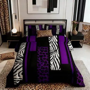 Leopard Print Comforter Set,Zebra Skin Texture Black White Bedding Set,Girls Women Room Decor,Geometric Squares Patchwork Down Comforter,Purple Romantic Chic Duvet Insert