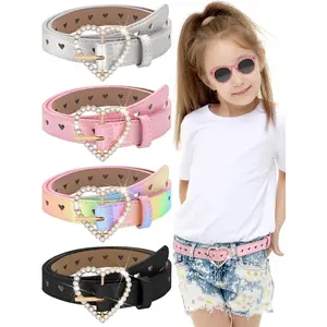 L-QE032  4 Pcs Girls Belt Kids Leather Waist Belt Rhinestone Heart Metal Buckle