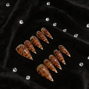 Handmade Leopard Print Dragon Claw Nails, Short Glossy Cat Claws, Amber Transparent European Style, Single Item Pack, Glossy Acrylic Press On Nails