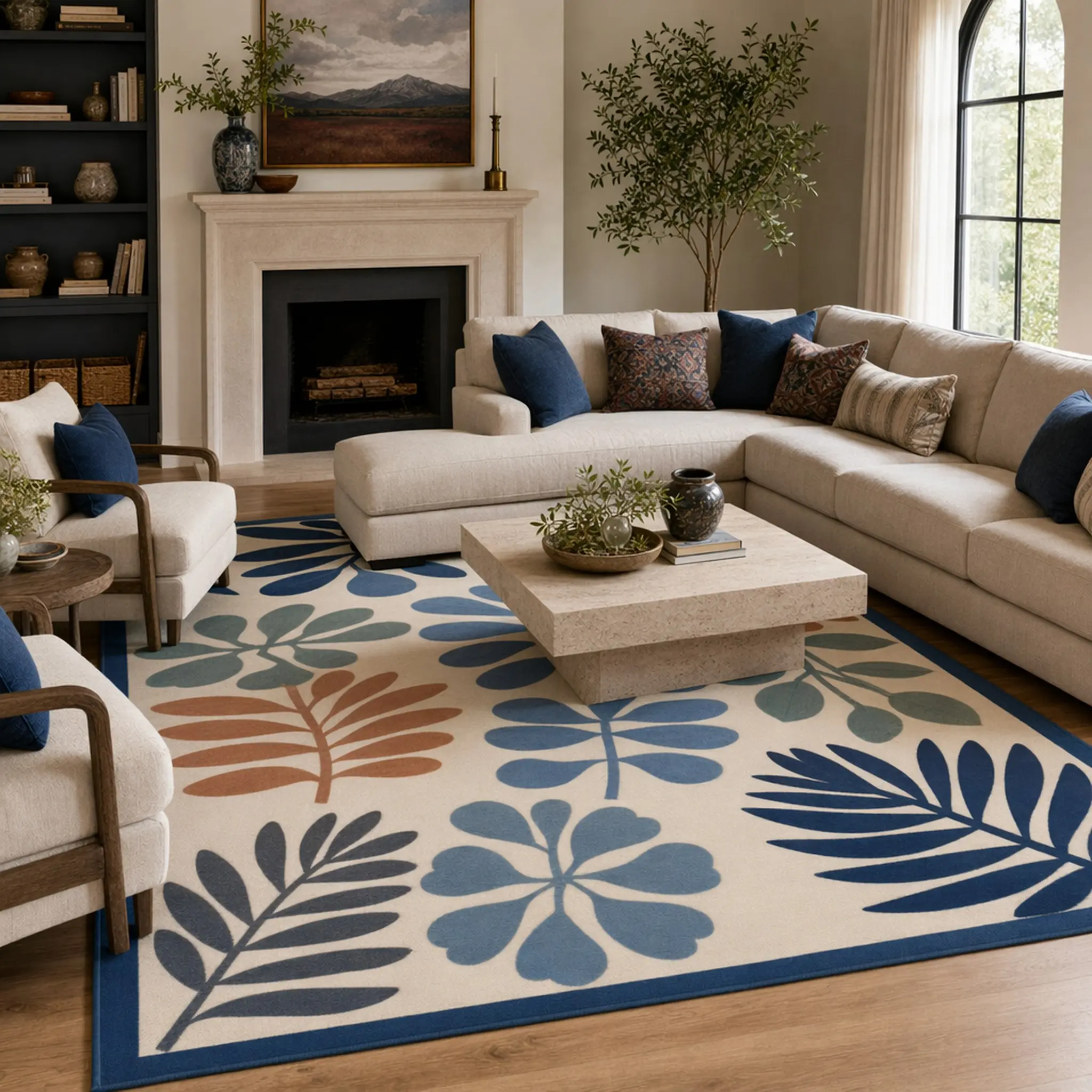 VELUMA V1309 Low Pile Area Rug, Machine Washable, Non-Slip Rubber Base, Blue, for Living Room & Bedroom Bedside, Available in 40x64in, 56x80in, 63x90in, 72x100in, 80x120in, Plants, Garden