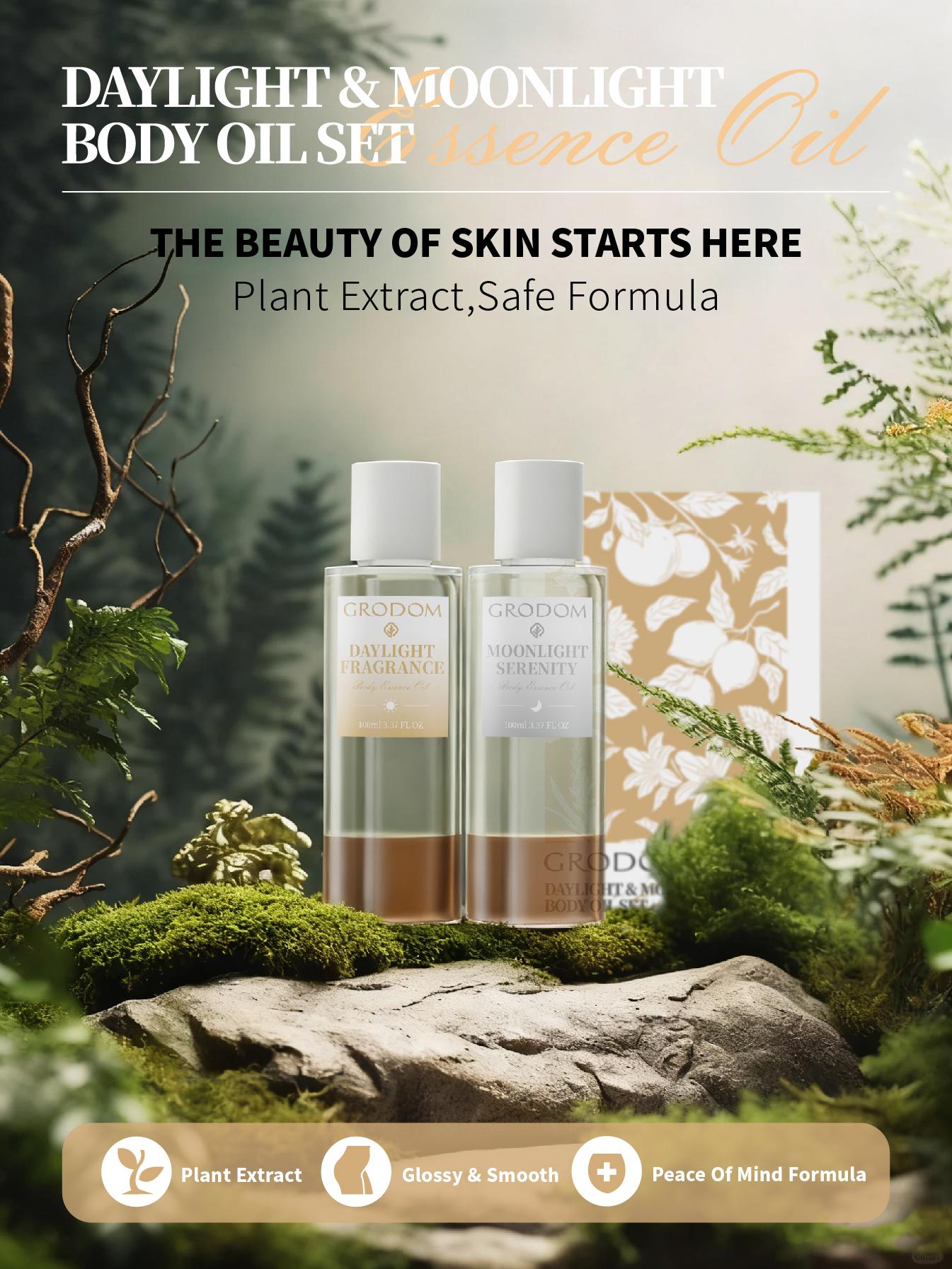 GRODOM Day & Night Body Essence Oil Set Plant-Based Moisturizing Serum for Hydrating Brightening Skin Citrus Daylight Lavender Night Repair Smooth Radiant Skin Care Daily Use 100ml