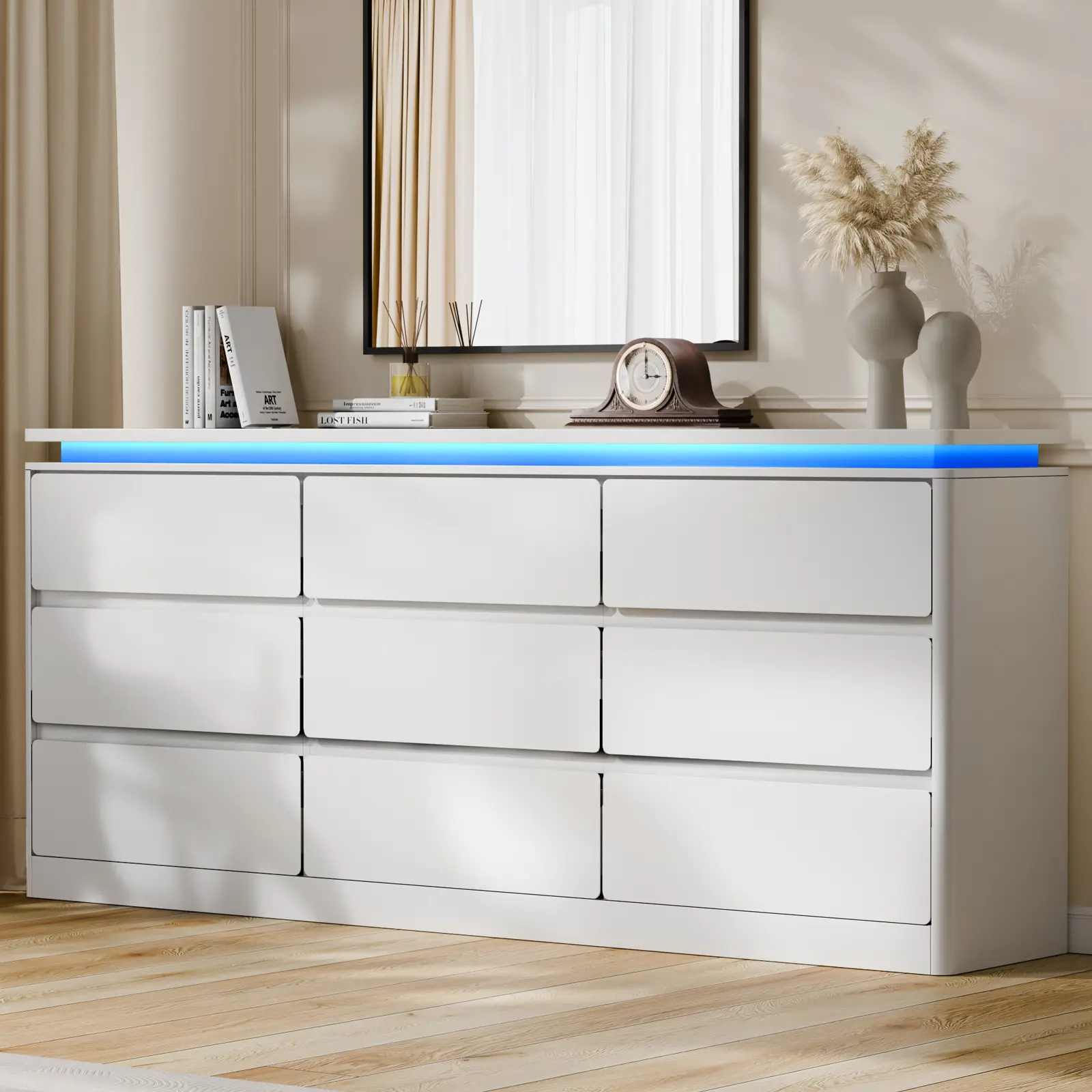 Gyfimoie 9 Drawer Dresser for Bedroom,Wide White Chest of Drawers with Charging Station & LED Lights,Wooden Closet Storage Cabinet,Modern Dresser with Deep Drawers
