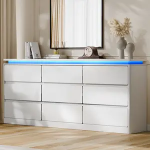 9 Drawer Dresser for Bedroom,Wide White Chest of Drawers with Charging Station & LED Lights,Wooden Closet Storage Cabinet,Modern Dresser with Deep Drawers