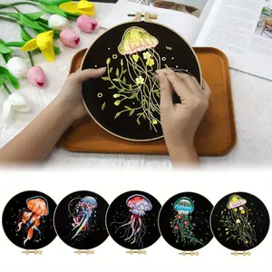 5-pcs adult embroidery set, beginner jellyfish embroidery set, including embroidery cloth, plastic embroidery frame, scissors, threading tool, handmade enthusiast gift