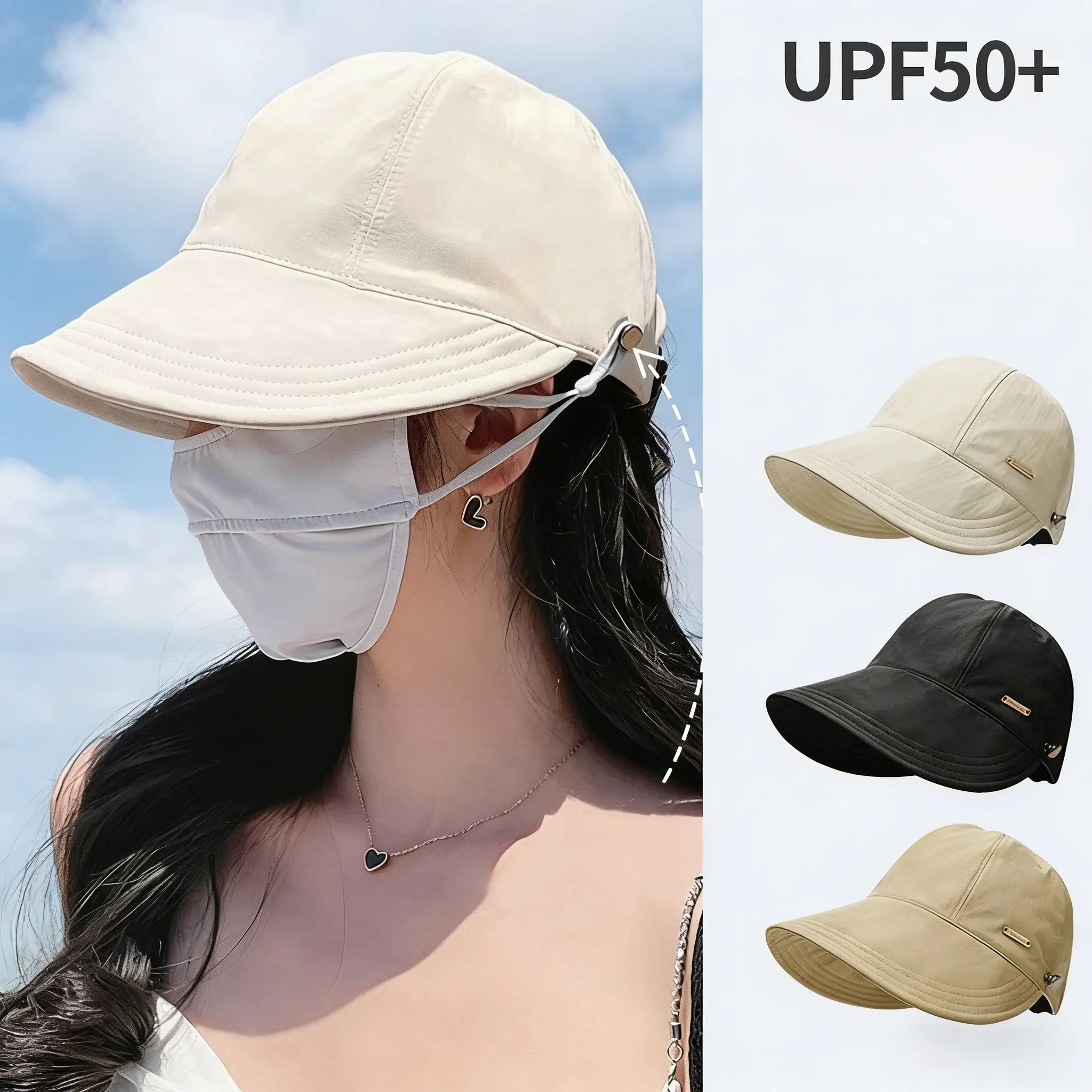 Adjustable ponytail hat for spring and summer, suitable for hiking, baseball cap, fisherman's hat, versatile, wide brim, and can be used to hang face masks.