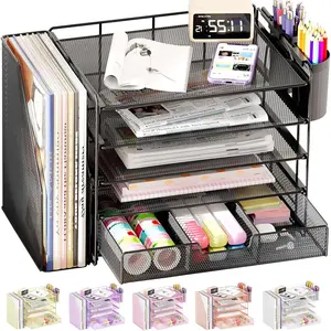 Desk Organizer, 5-Tier Paper File Organizer with Drawer & Pen Holder, Office Desk Accessories, Workspace Desktop Organizer for Office Supplies (Black)