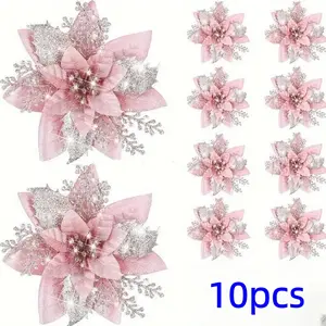 10 Piece Christmas Tree Flower Clips Poinsettia Decorations, Plastic No Feathers Reusable Holiday Ornaments, Universal Festive Decoration, Decorative Flowers Ornaments
