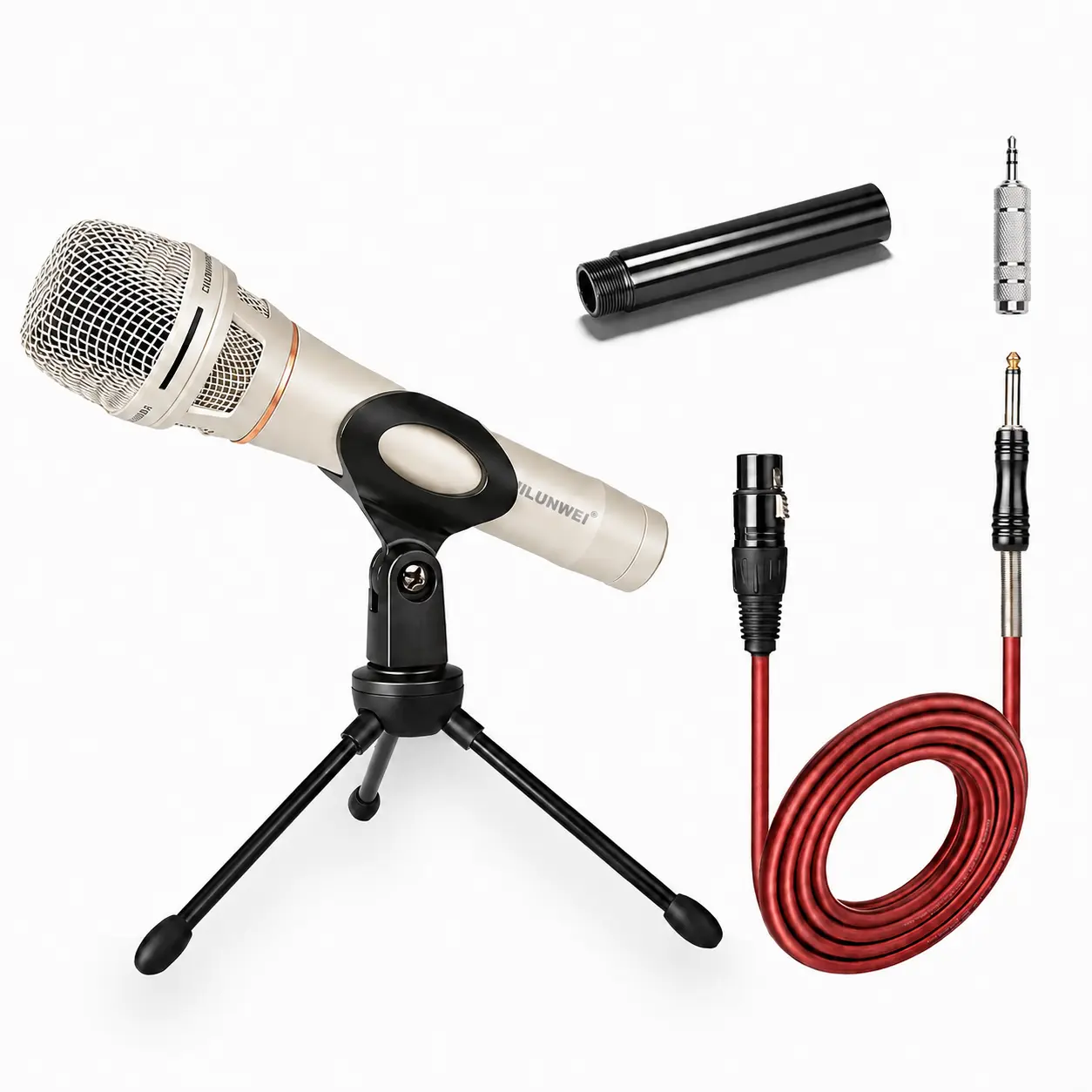 NILUNWEI YS-36D Dynamic Cardioid Directional Wired Vocal Microphone, 14ft XLR to 1/4in Audio Cable, Desktop Tripod, Extension Rod, Storage Bag (Champagne)