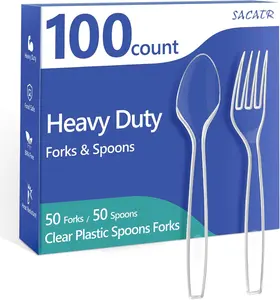100 Count Plastic Silverware Heavy Duty -50 Forks, 50 Spoons, BPA-Free, Heat Resistant, Disposable Plastic Utensils Set, Plastic Cutlery Set, Plasticware Suitable for Party Everyday Use