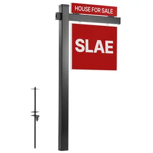 VEVOR Real Estate Sign Post, 6 ft Tall, PVC Realtor Yard Sign Holder with 36 in Arm Holds up to 24 in, Easy to Install, Wind-Resistant, for Open House and Home, Yard, Road, Outdoor, Black (No Signs)