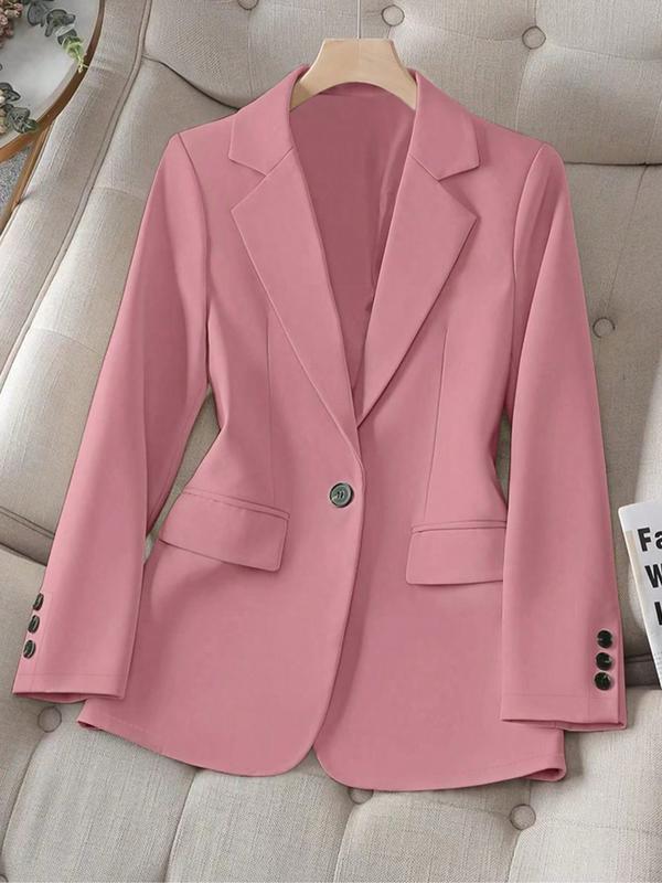 Women's Spring & Fall Solid Color Lapel Long Sleeve Single Button Casual Commuter Blazer Jacket, Fitted Plain Design