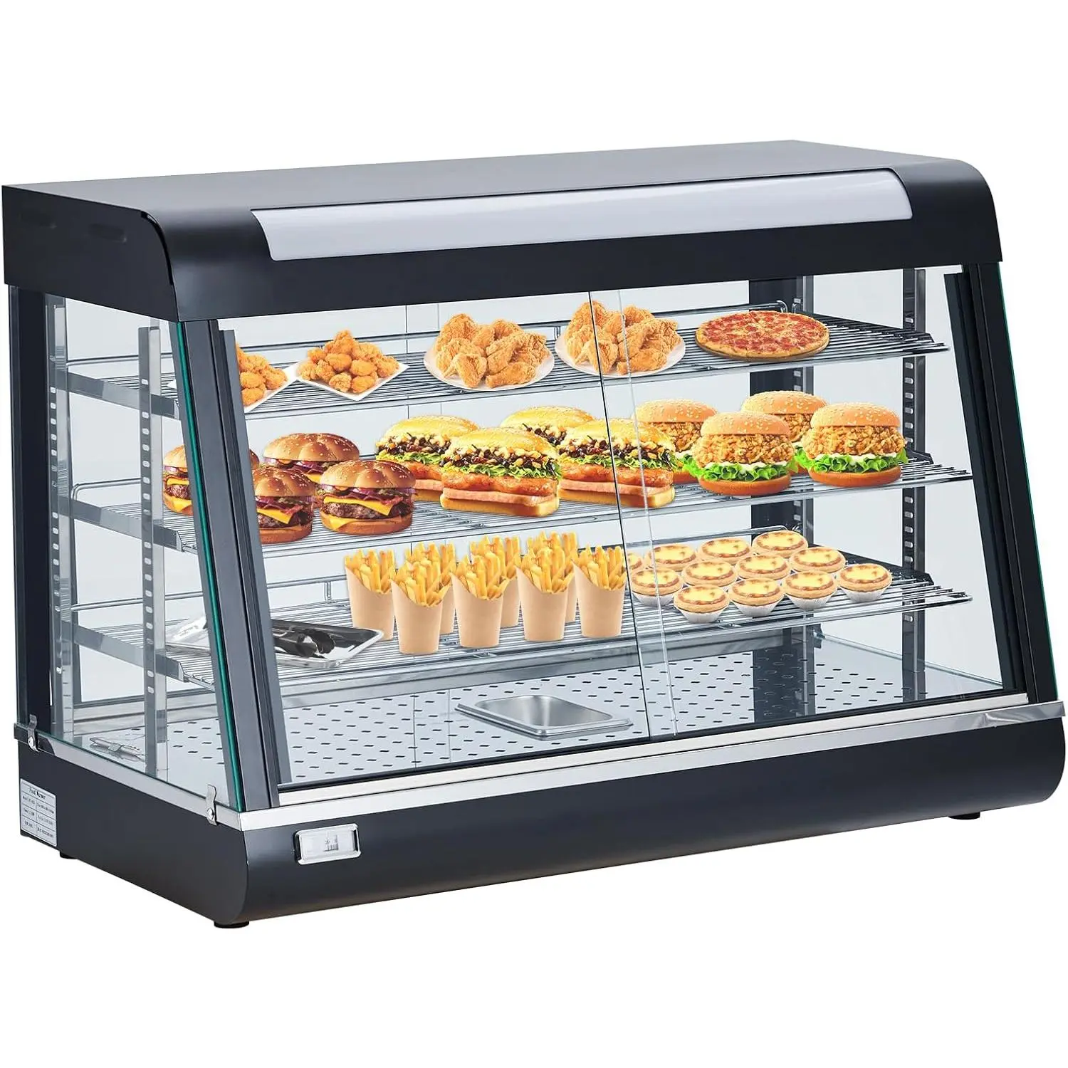 Commercial Food Warmer, 35" Display Pizza Warmer, 3-Tier, 800W Electric Countertop Food Warmer w/LED Lighting, 3D Heating, Bottom Fan, Removable Shelves, Glass Door, Temperature Knob/Indicator