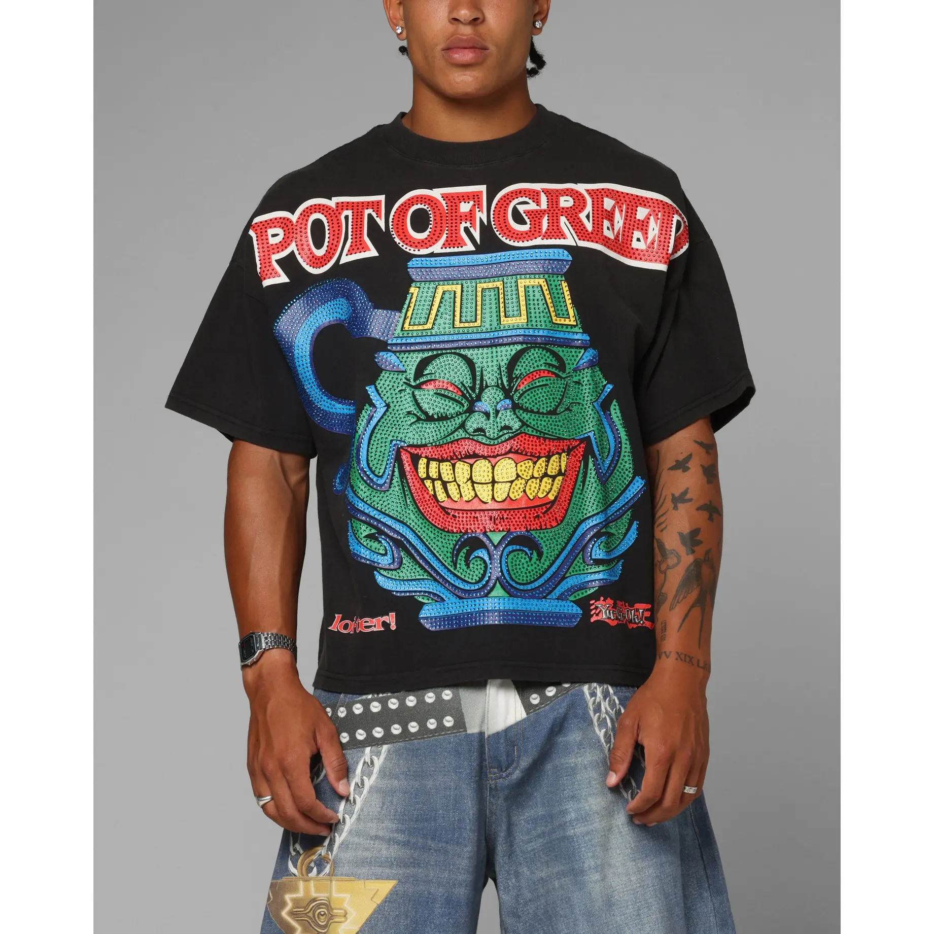Loiter X Yu-Gi-Oh! Pot Of Greed Rhinestone T-Shirt Vintage Black