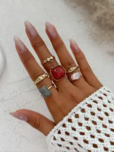 6 Pieces Vintage Fashion Geometric Design Gemstone Inlaid Ring Set, Women's Bold Metal Stackable Rings, Perfect for Daily Wear and Party Jewelry Gifts
