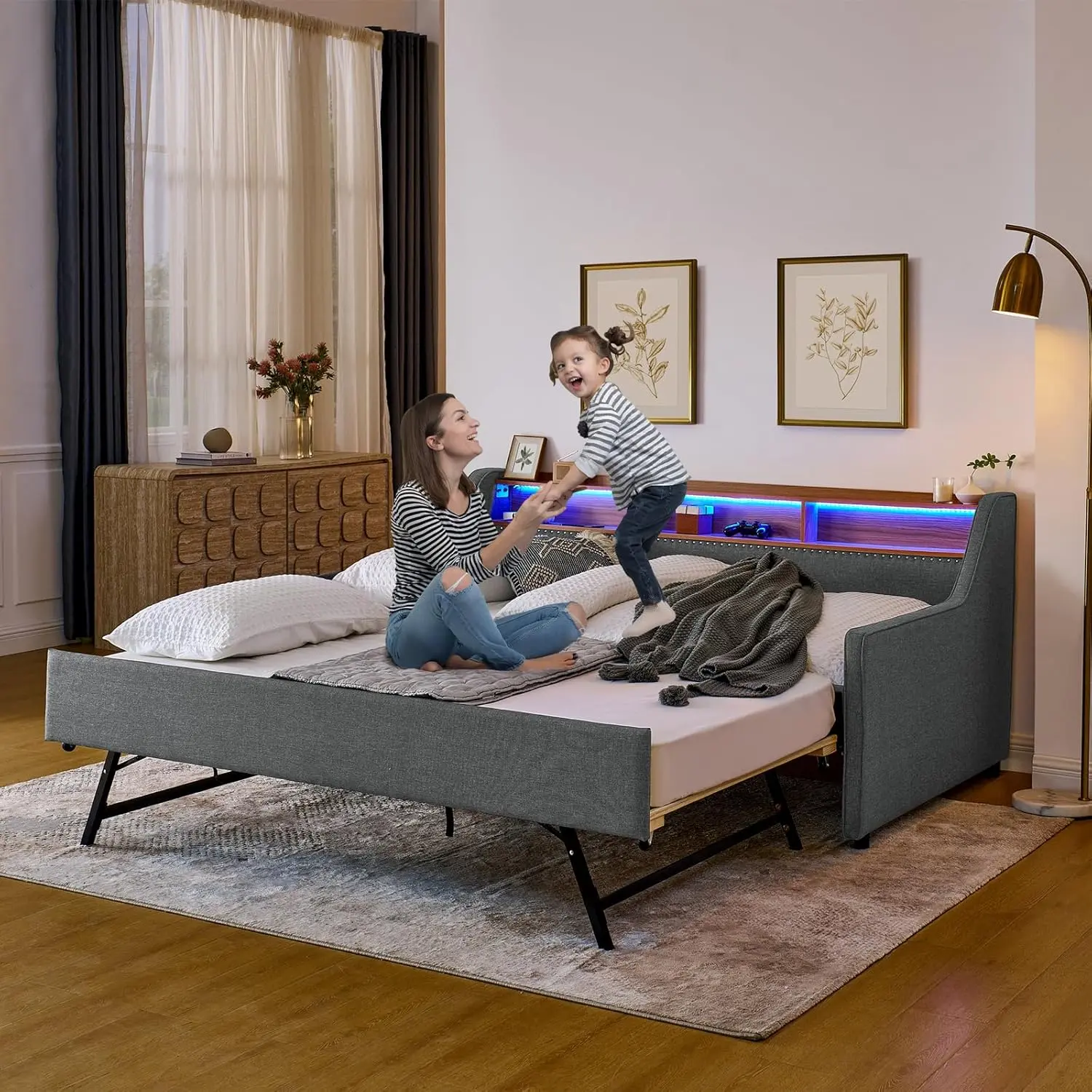 Linen Upholstery Twin-to-King Daybed with Pop-Up Trundle, Wireless Charger, USB Station, LED Lights & Wooden Frame, No Box Spring Needed, Sofa Bed for Living Room, Bedroom (Grey)