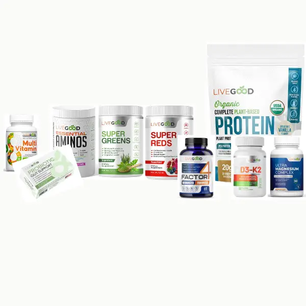 LIVEGOOD 9-in-1 Vegan Natural Dietary Supplement Pack for Men & Women - Multivitamin, Magnesium, Protein, Probiotic, Greens, Muscle, Energy, Immune, Heart Health, Fitness, Anti-Inflammatory Joint Support