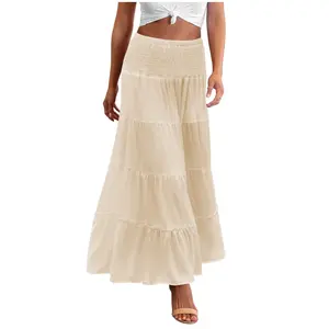 ZEAGOO  Women's Long Maxi Skirts Tiered Elastic High Waist Boho Double Layered Print A-Line Casual Midi Dress Womenswear Bottom  jean skirt
