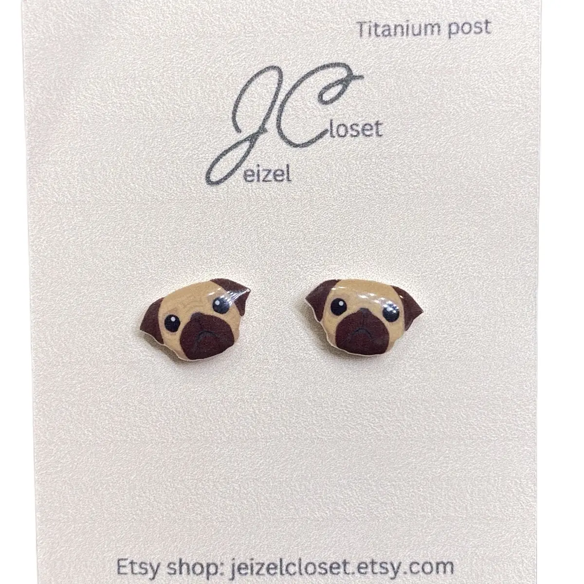 Handmade pug stud earrings + hypoallergenic + dog lover + pug lover + pet + gift + waterproof